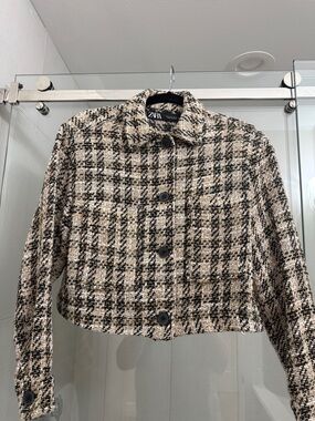 Zara Black and Cream Plaid Tweed Cropped Blazer